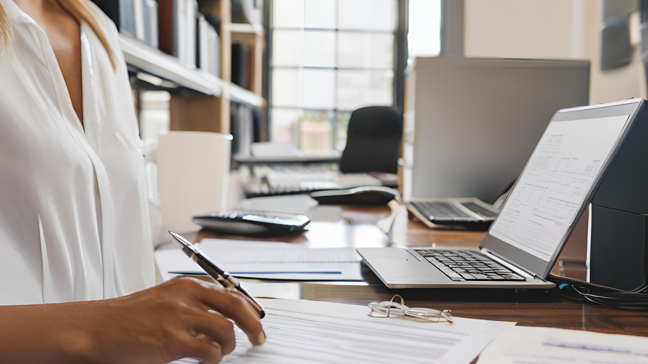 Profissional preenchendo uma guia judicial em um escritório, com documentos legais e computador ao fundo, representando precisão e conformidade processual.