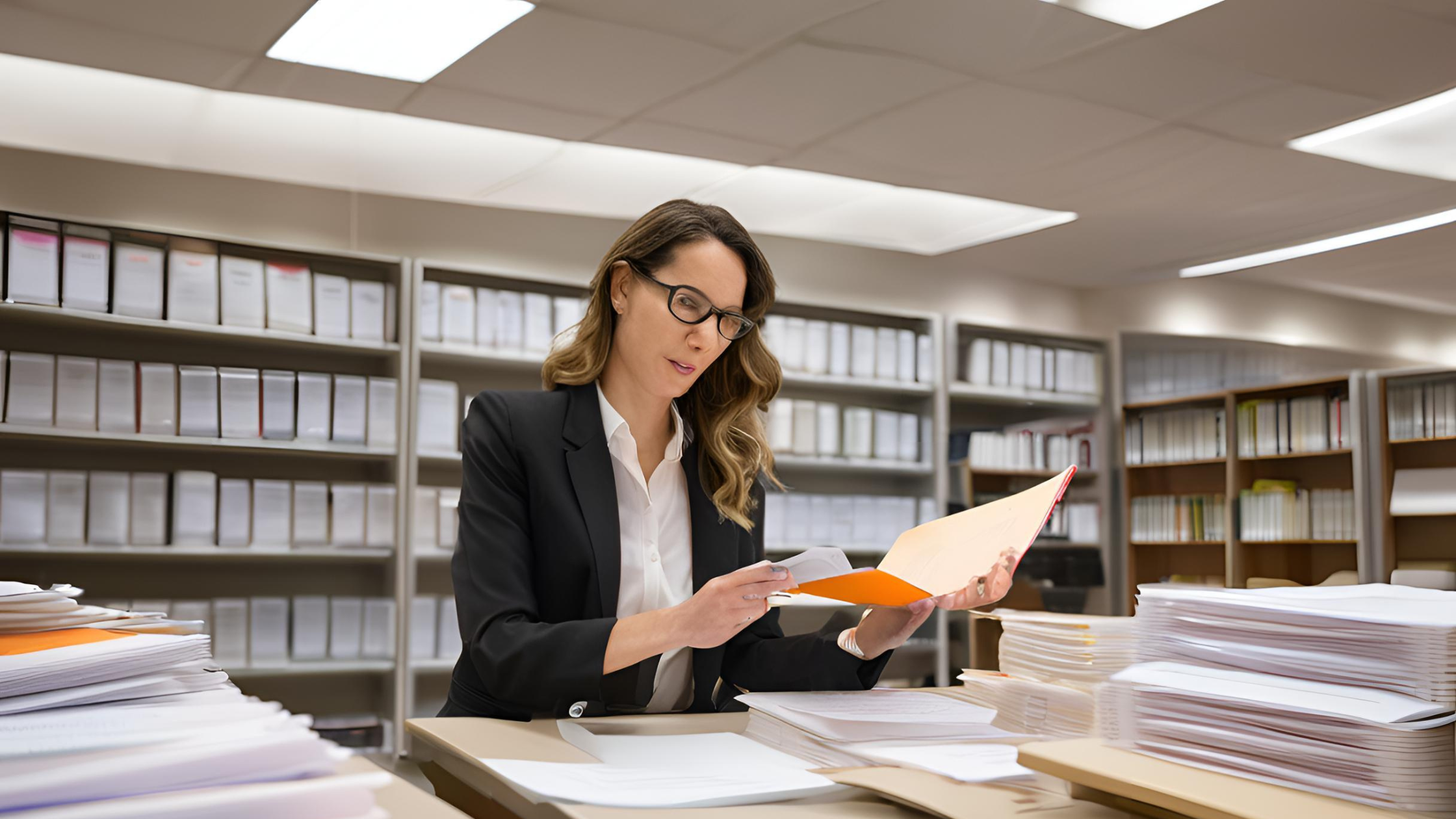 Especialista emitindo guias judiciais com documentos legais em um ambiente de escritório, simbolizando rapidez, precisão e conformidade jurídica.