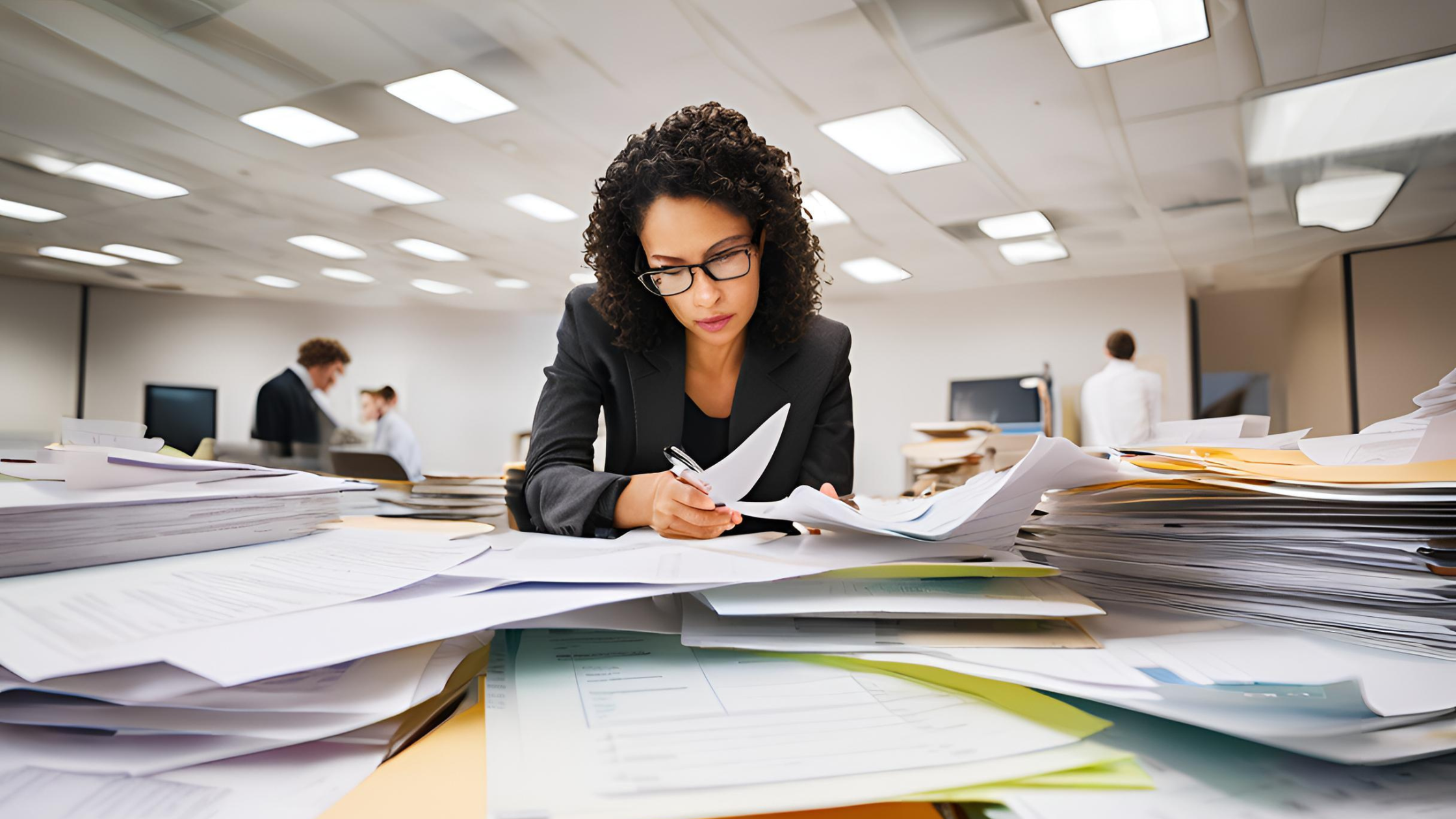 Profissional contábil analisando documentos em um ambiente jurídico, representando precisão e suporte técnico para processos judiciais.