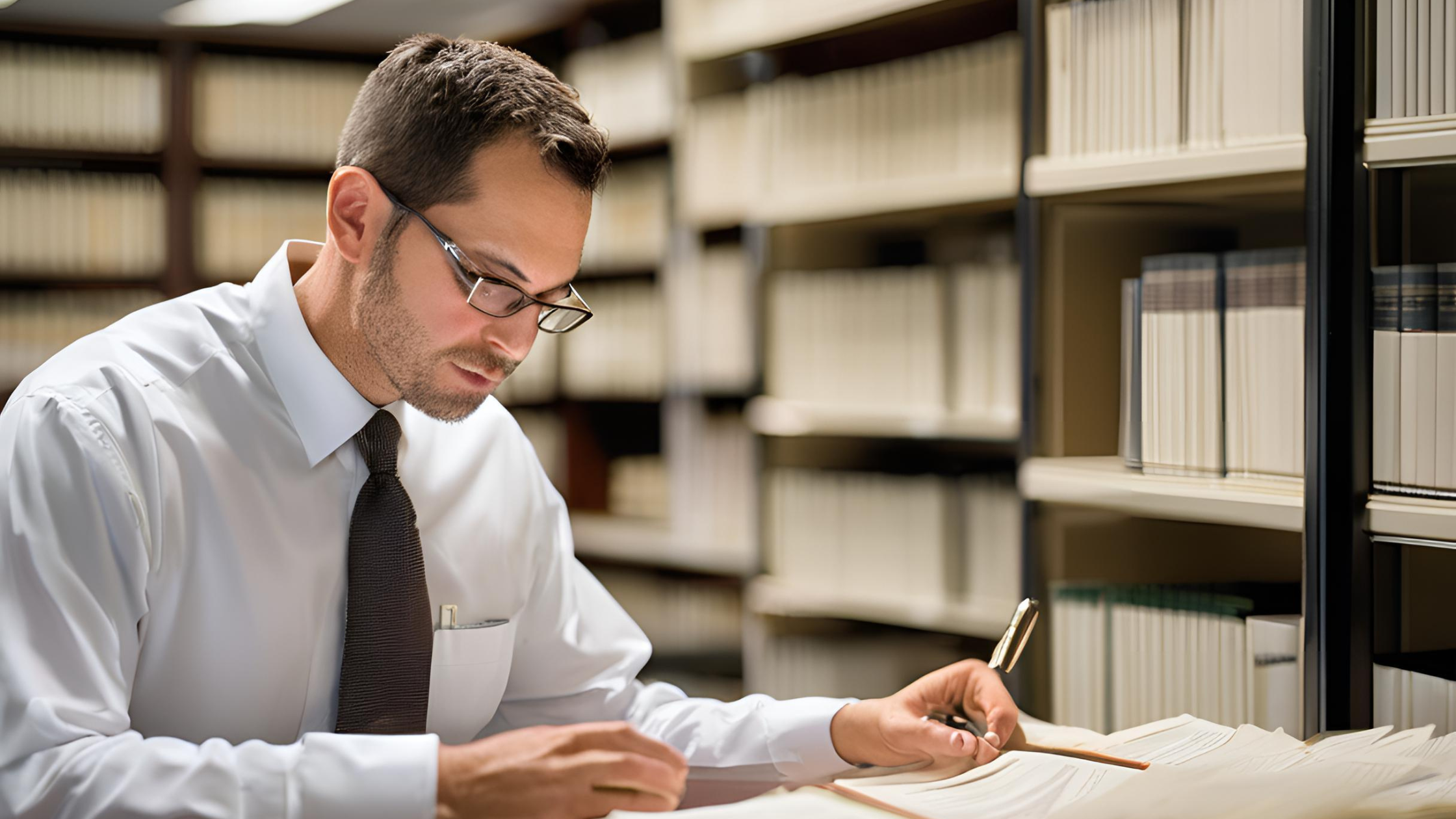 Especialista da Contaux analisando documentos em um ambiente jurídico, representando segurança, precisão e conformidade nos pareceres técnicos.