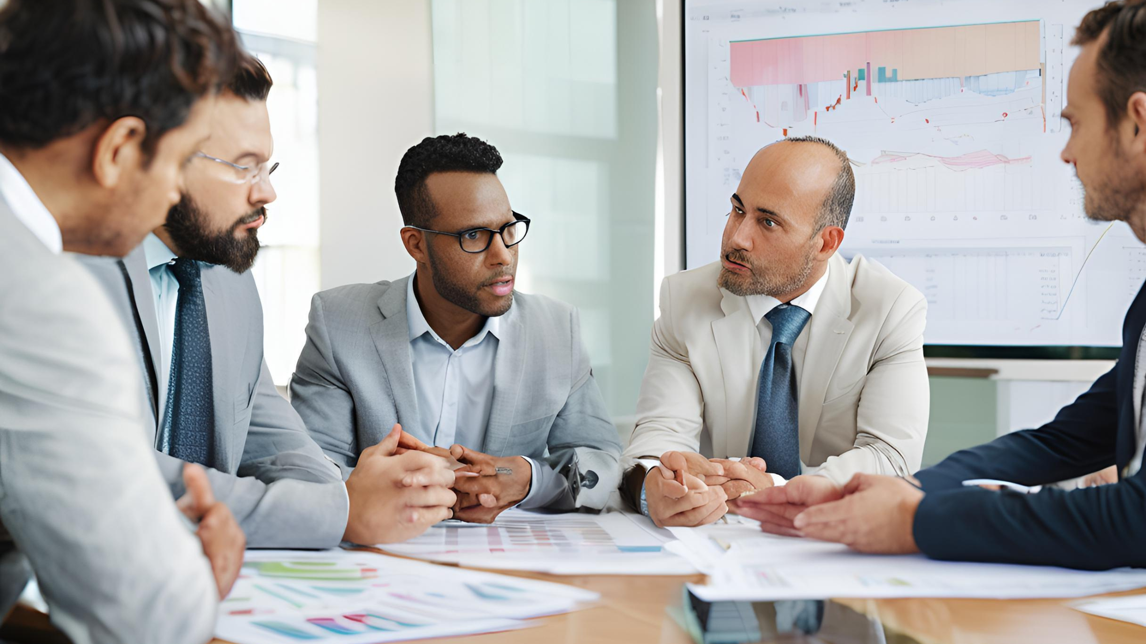 Empresário reunido com consultores analisando um plano de recuperação empresarial, representando organização e reestruturação financeira.