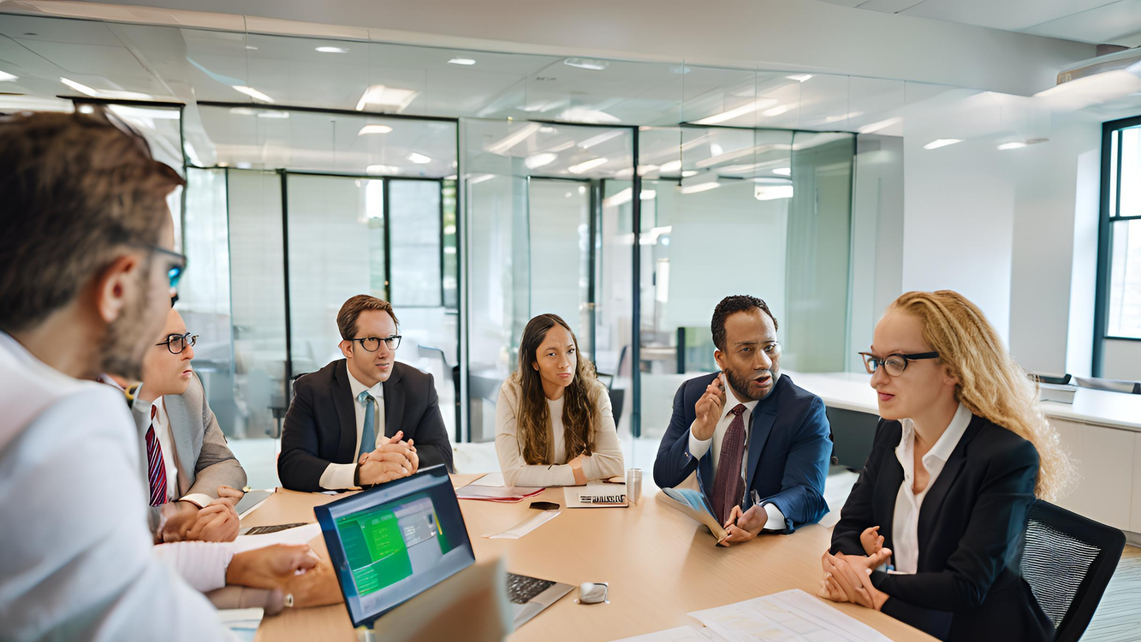 Advogados em uma reunião com um consultor contábil da Contaux, discutindo estratégias financeiras personalizadas para escritórios de advocacia.